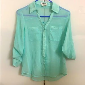 Express button down aqua and white hearts shirt